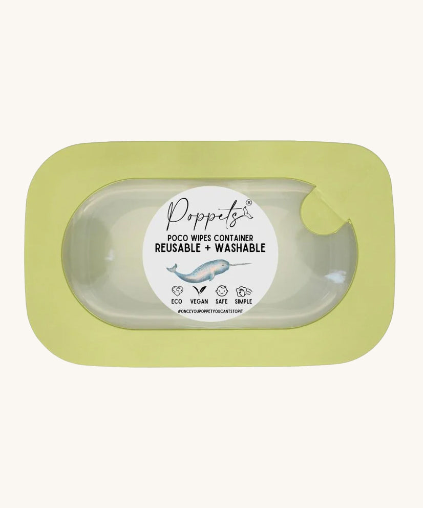 Poppets Poco Reusable Baby Wipes Container in Pea Green. The container is  in a rectangle shape on a cream background