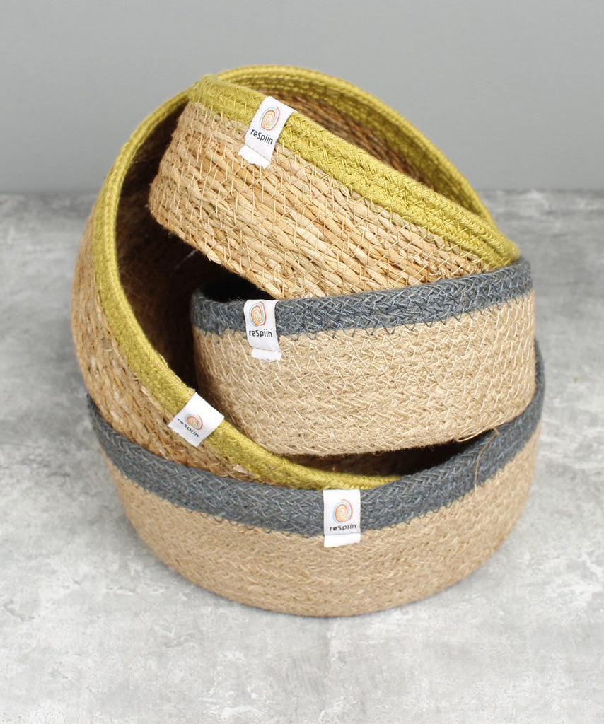 Respiin set of 2 natural shallow seagrass jute baskets with green rim with stacked on top of the grey rimmed baskets