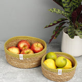 Respiin set of 2 natural shallow seagrass jute baskets with green rim. Showing each basket on a kitchen counter filled with fruit