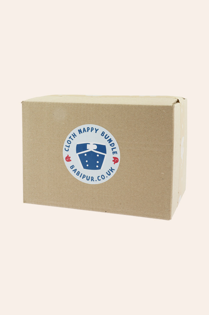 Babipur Real Nappy Week 2025 Box Bundle - includes 5 reusable cloth Pop-In nappies at a bargain price. Brown box with a nappy sticker in the centre.