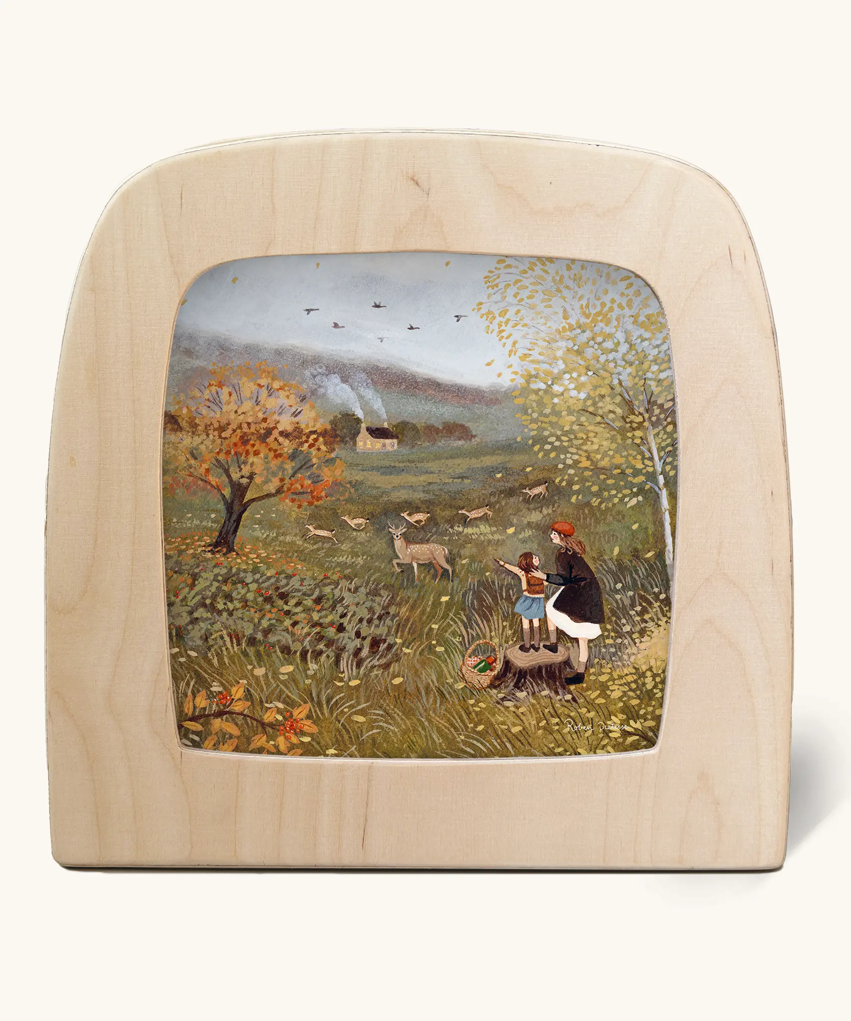 Toverlux silhouette of deer running in a field with autumn trees and a house with smoking chimneys, for September, October and November celebrations.