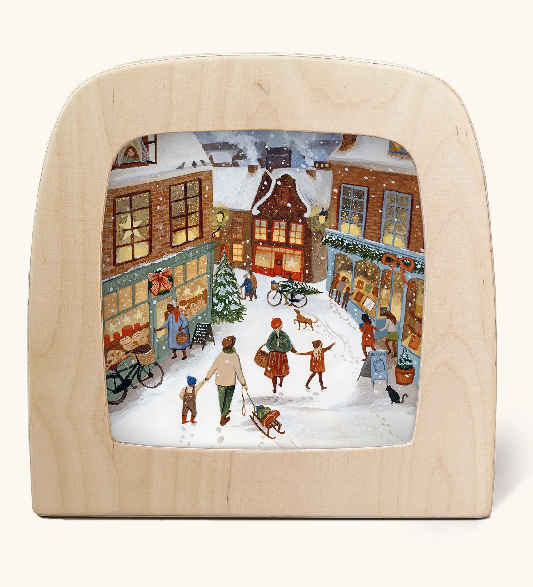 Toverlux silhouette of a Christmas shopping scene on a snowy winter evening, for November and December celebrations.
