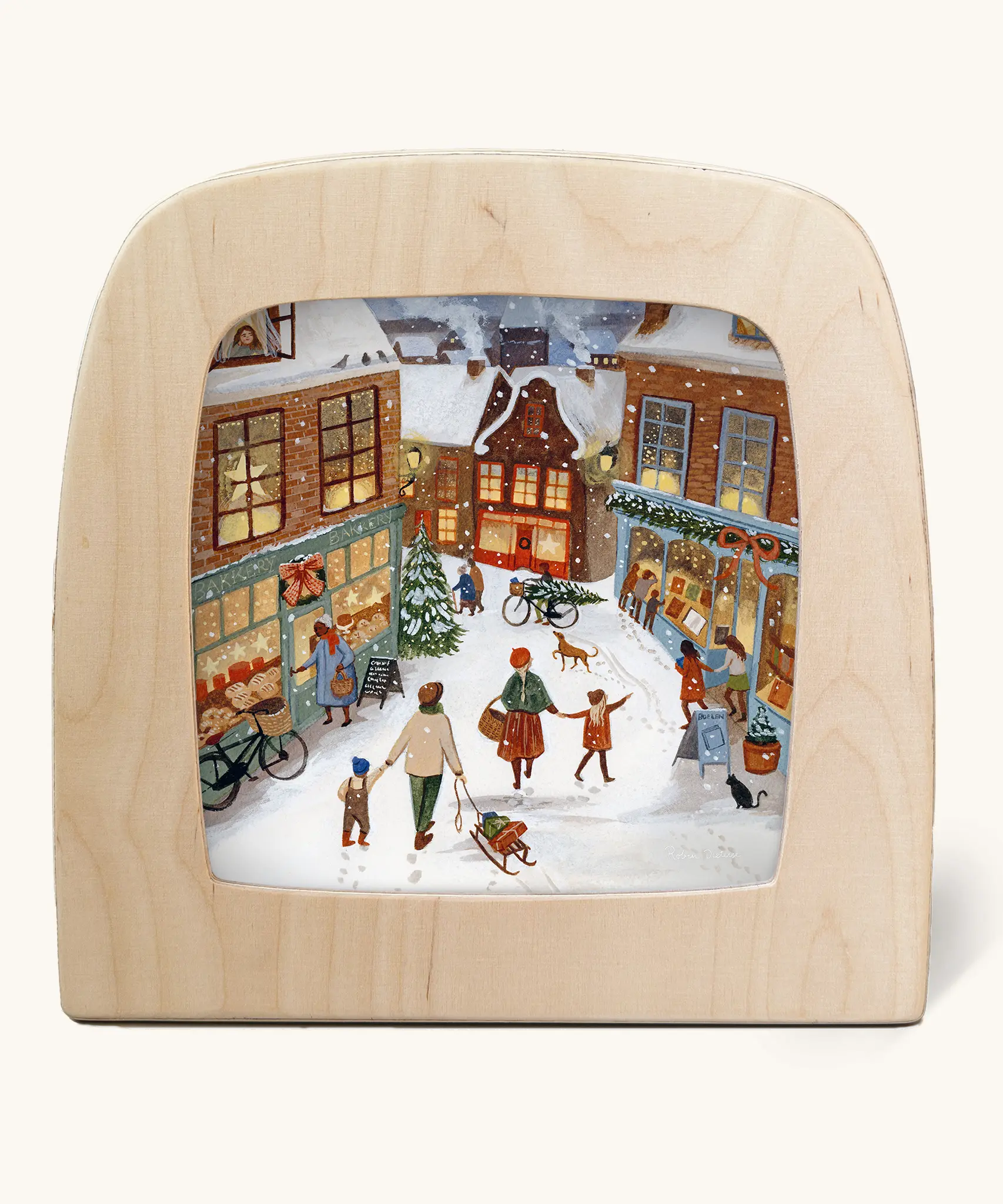 Toverlux silhouette of a Christmas shopping scene on a snowy winter evening, for November and December celebrations.