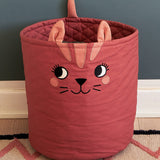 Large Roommate organic cotton storage cat basket in red with standing on a rug showing quilted finish on the inside