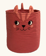 Roommate organic cotton storage basket in red with playful cat facial features and ears. Inside has a quilted finish