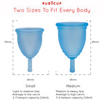 The Ruby Cup Menstrual Cup size dimensions showing the small cup at 40mm wide and 65mm long, which is used for light to medium flow, average to low cervix and 2-3 tampon capacity (24ml). The large cup measures at 45mm wide and 68mm long which is used for medium to heavy flow, average to high cervix and 3-4 tampon capacity (34ml).