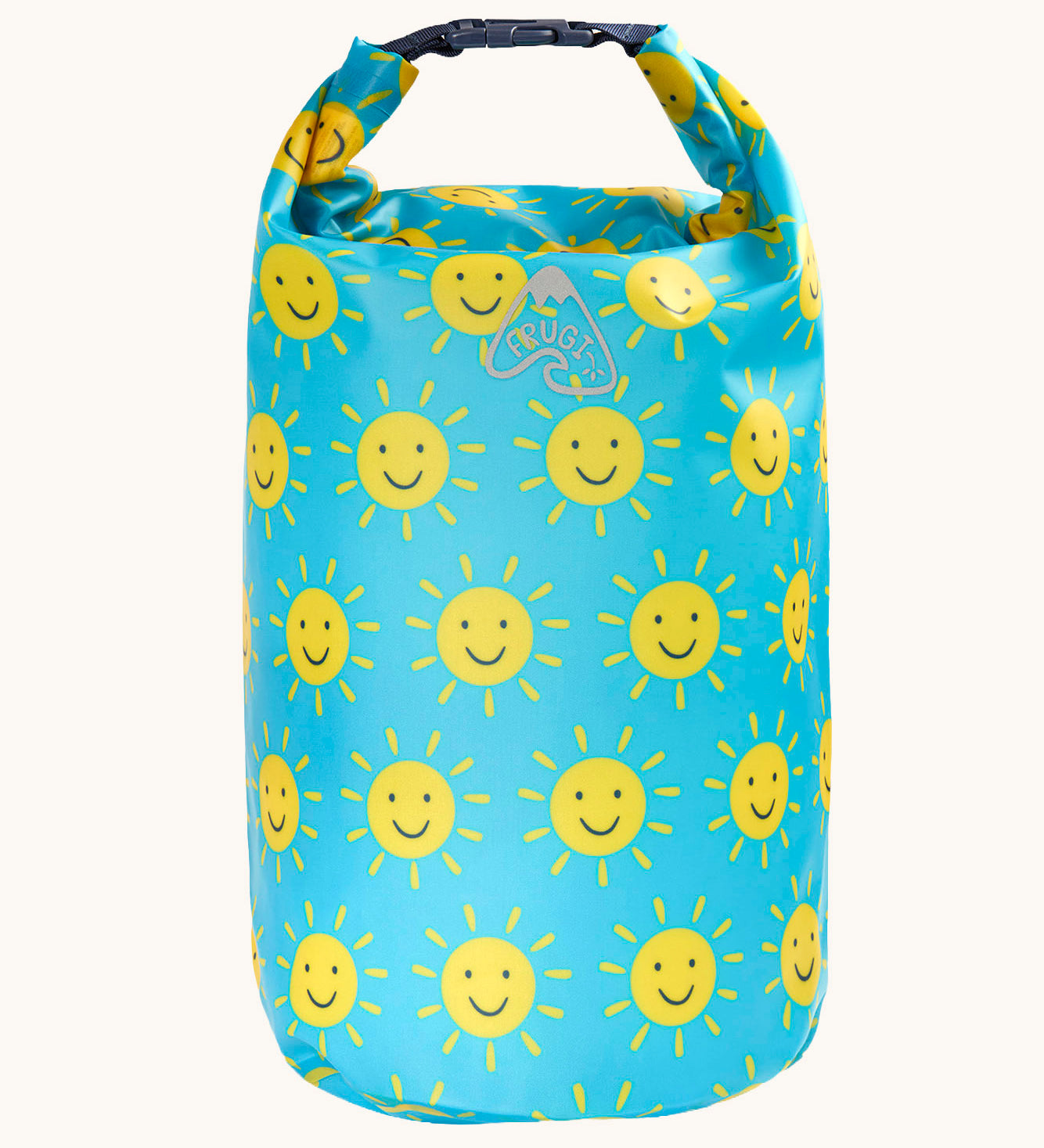 Frugi dry bag circular shaped backpack, blue bag with an all over smiley sunshine print. 