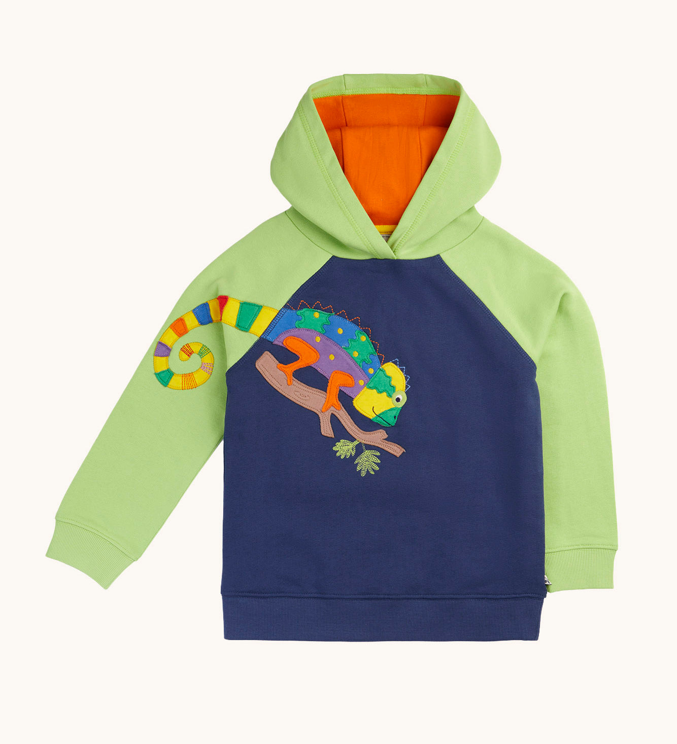 Frugi chameleon applique over the head children's hoodie. The main body is navy and the arms and hood are a light green with a bright orange lining inside. The colourful chameleon applique is placed on the chest and arm. 