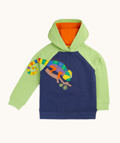 Frugi chameleon applique over the head children's hoodie. The main body is navy and the arms and hood are a light green with a bright orange lining inside. The colourful chameleon applique is placed on the chest and arm. 