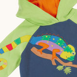 A close up of the chameleon applique on the front of the Frugi children's organic cotton hoodie. The multi coloured chameleon applique is placed on the chest with it's tail on the arm of the hoodie.
