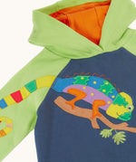 A close up of the chameleon applique on the front of the Frugi children's organic cotton hoodie. The multi coloured chameleon applique is placed on the chest with it's tail on the arm of the hoodie.
