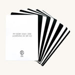 The Etta Loves Sensory Positive Affirmation Flash Cards, showing the Positive Affirmations side. The first card reads "My baby and I are learning as we go" on a cream background