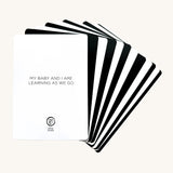 The Etta Loves Sensory Positive Affirmation Flash Cards, showing the Positive Affirmations side. The first card reads "My baby and I are learning as we go" on a cream background