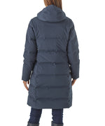 Person wearing a long blue puffer coat on a white background