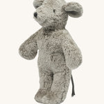 Senger Baby Mouse is a soft cuddly childs toy in light grey with a darker grey tail. The image is on a cream background