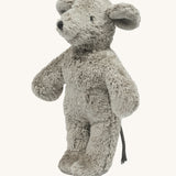 Senger Baby Mouse is a soft cuddly childs toy in light grey with a darker grey tail. The image is on a cream background