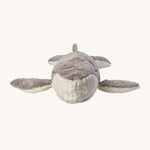 A front view of the Senger Large Cuddly Whale, showing a close up of the white mouth part, and showing the fins and tail. The image is on a cream background