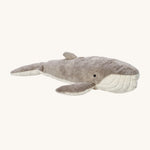 Senger Large Cuddly Whale, is a soft plush whale teddy with a grey and white body and a white mouth with small black eyes. The image is on a cream background