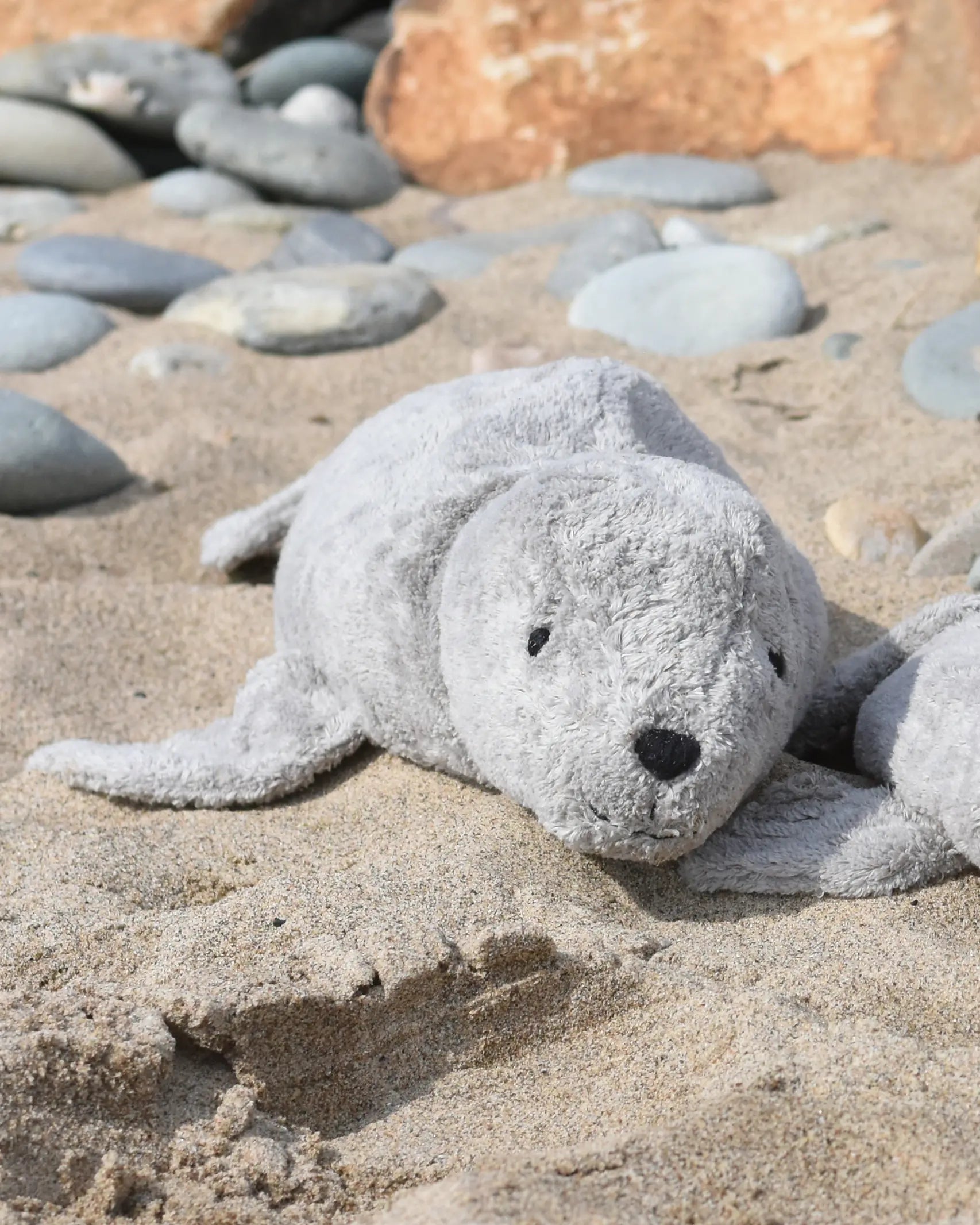Senger Naturwelt Large Cuddly Grey Seal Organic Soft Toy, made from cotton and filled with spelt chaff, on a beach.
