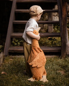 A child holding a Senger Large Cuddly Goose organic soft toy in a dark orange Rust colour. These soft toys are created from the highest quality, sustainable and traceable natural materials. Senger cuddly animal toys and soft dolls are handmade in Germany with love and attention to detail and we are proud Senger stockists here at Babipur. 