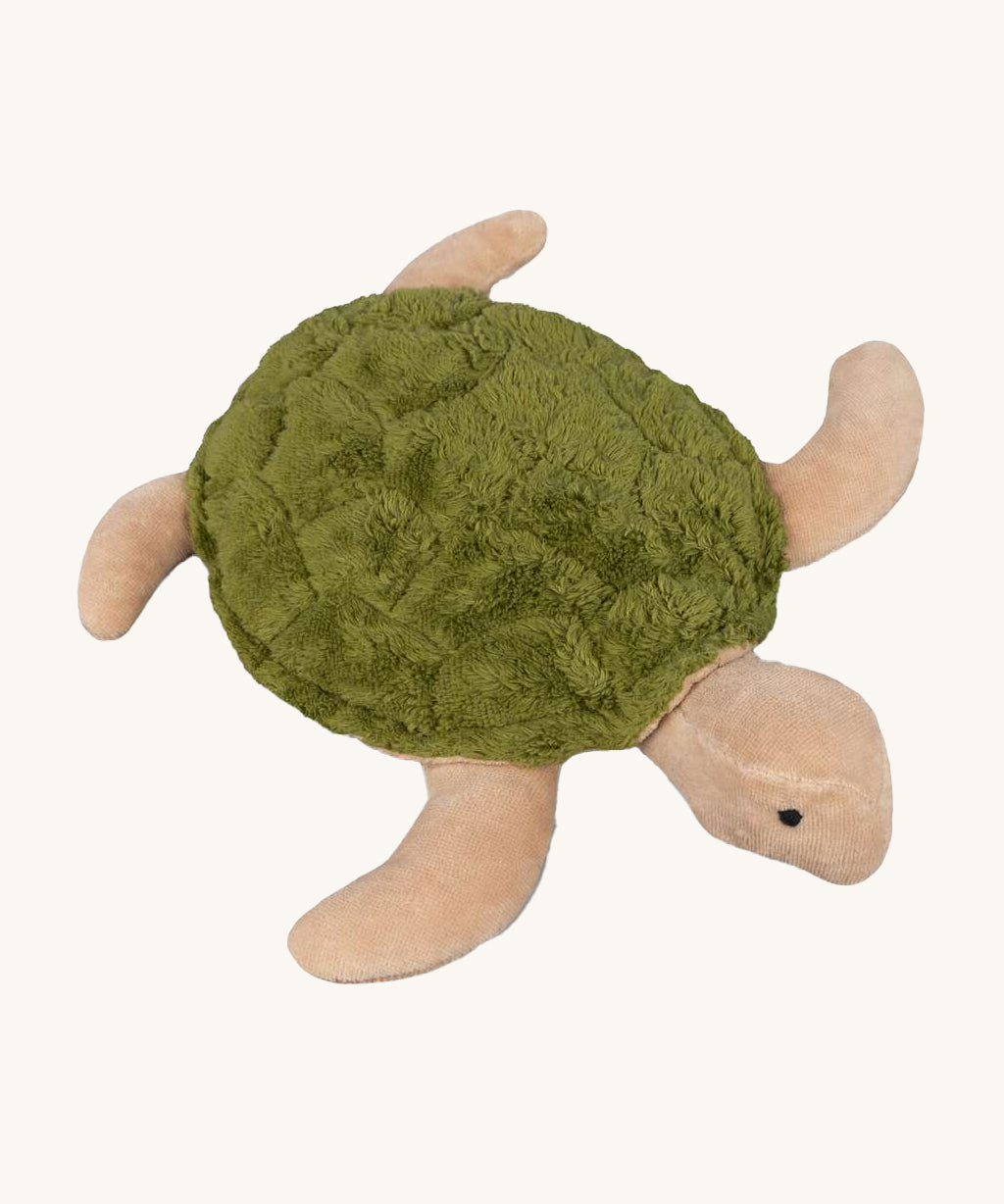 Senger Small Cuddly Turtle - Green is a soft and squishy turtle teddy with a light tan/beige body and a mossy green shell. The image is on a cream background