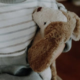Senger Floppy Dog Small with brown ears and white body, made from organic cotton and filled with sheep's wool.