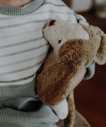Senger Floppy Dog Small with brown ears and white body, made from organic cotton and filled with sheep's wool.
