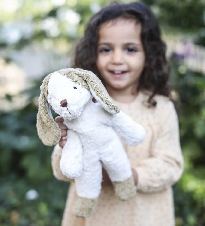 Senger Floppy Dog Small, made from organic cotton and filled with sheep's wool, white body with light brown ears and feet.