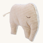 The peach cotton check fabric side of the Senger Cuddly Animal Cushion - Elephant, with the other side as a cream fluffy fabric. The image is on a cream background