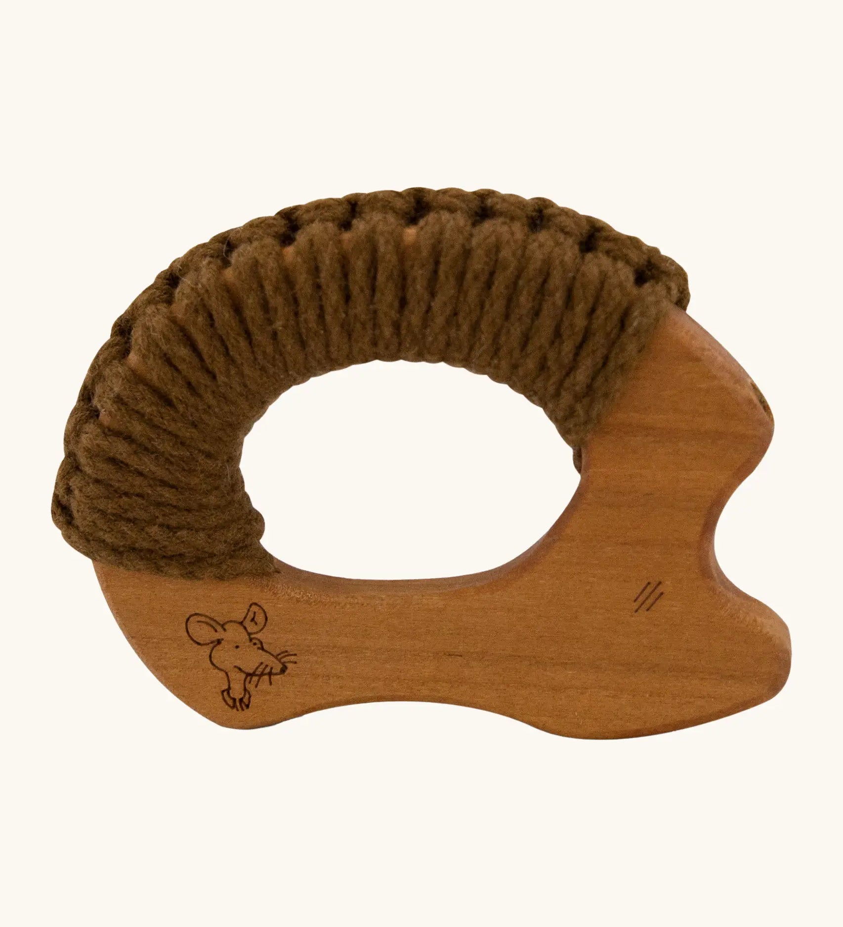 Senger wooden grasping and teething hedgehog made with oiled cherry wood and brown yarn