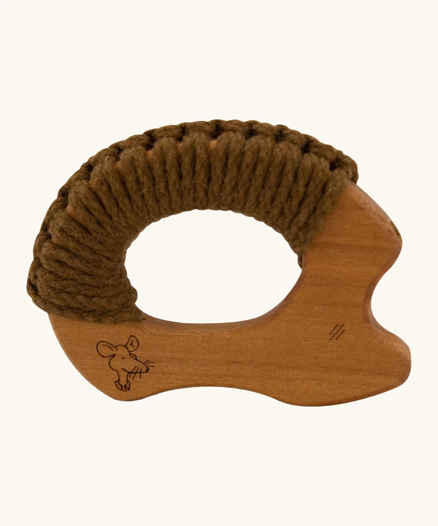 Senger wooden grasping and teething hedgehog made with oiled cherry wood and brown yarn