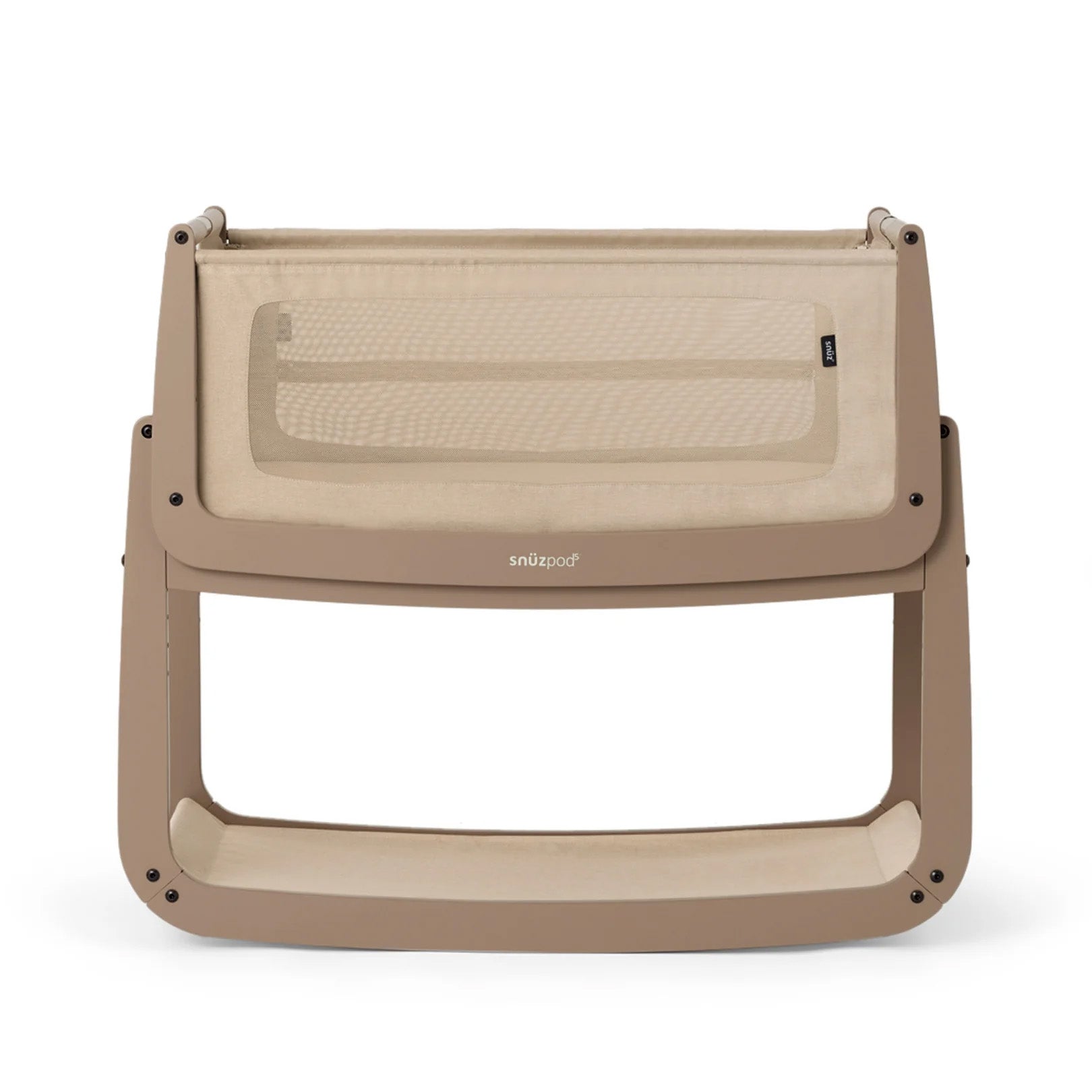The SnuzPod5 bedside baby crib with a creamy mocha brown coloured wooden frame, beige mesh sides, and a white mattress. 
