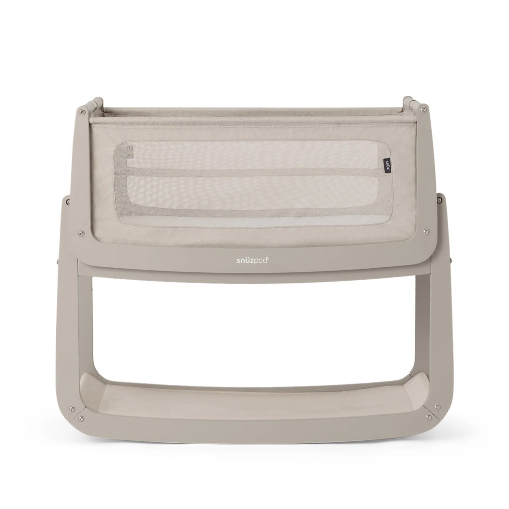 The SnuzPod5 bedside baby crib with a light grey wooden frame, light grey mesh sides, and a white mattress. 