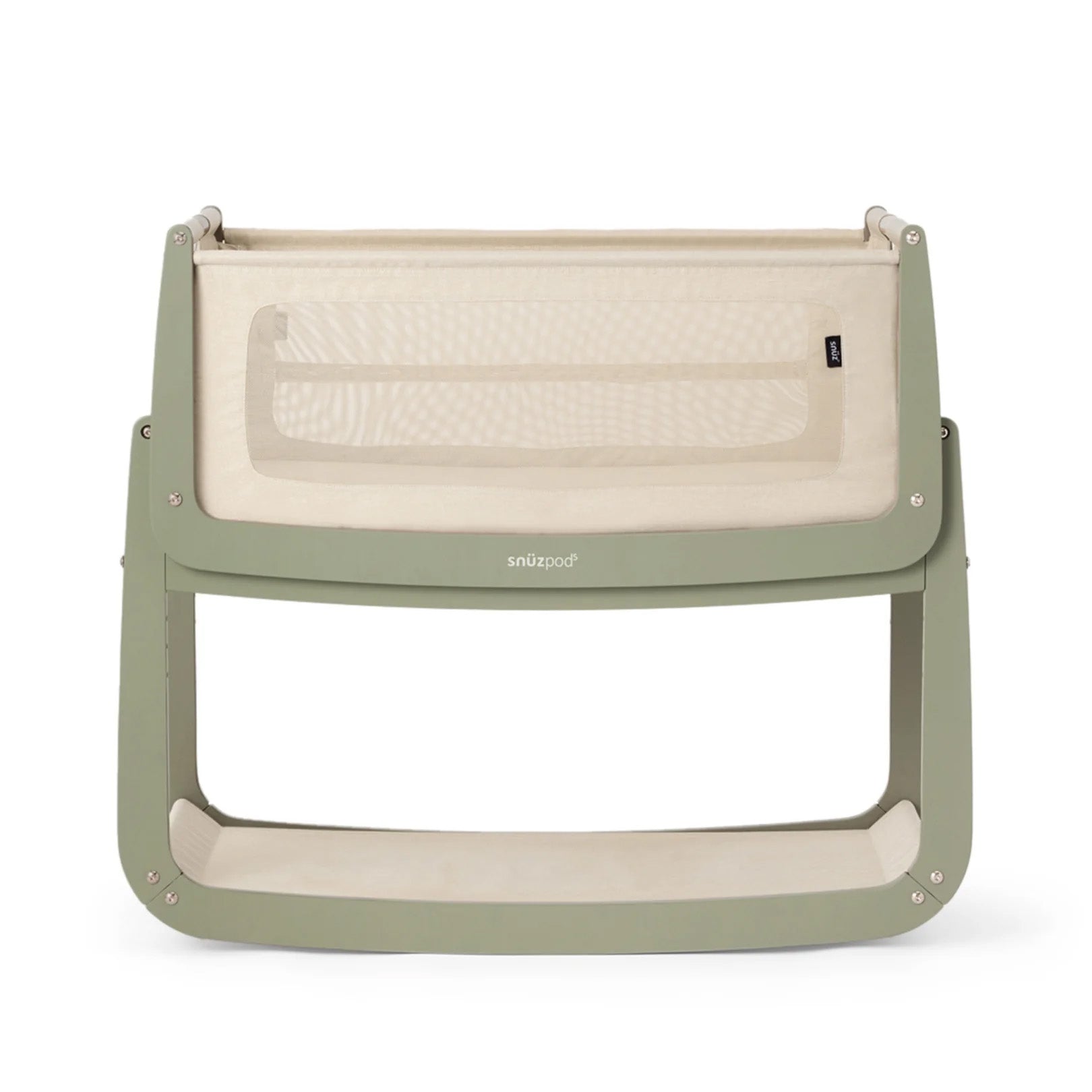 The SnuzPod5 bedside baby crib with a sage green wooden frame, cream mesh sides, and a white mattress. 