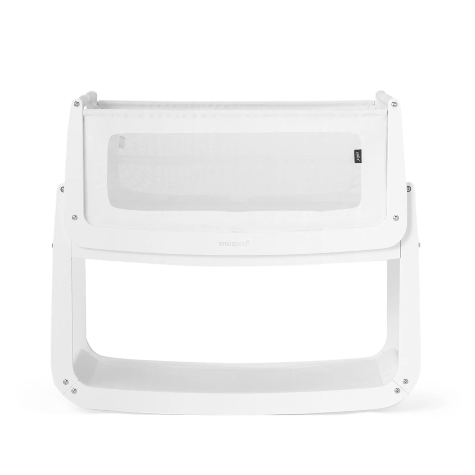 The SnuzPod5 bedside baby crib with a white wooden frame, white mesh sides, and a white mattress. 