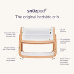 A diagram of the SnuzPod5 bedside crib, showing all the brilliant features that come with this latest edition of the SnuzPod.