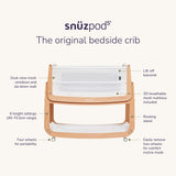 A diagram of the SnuzPod5 bedside crib, showing all the brilliant features that come with this latest edition of the SnuzPod.