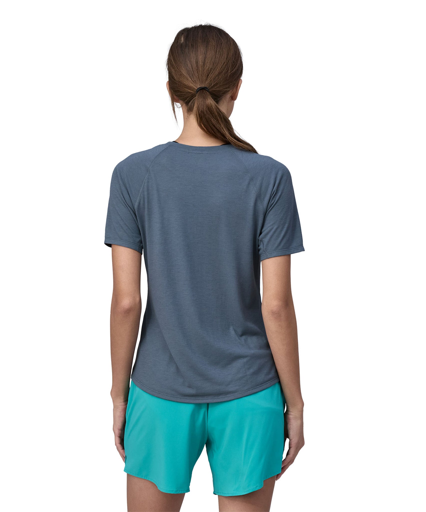 A fit of the Patagonia Women's Capilene Cool Trail Graphic Shirt from the back