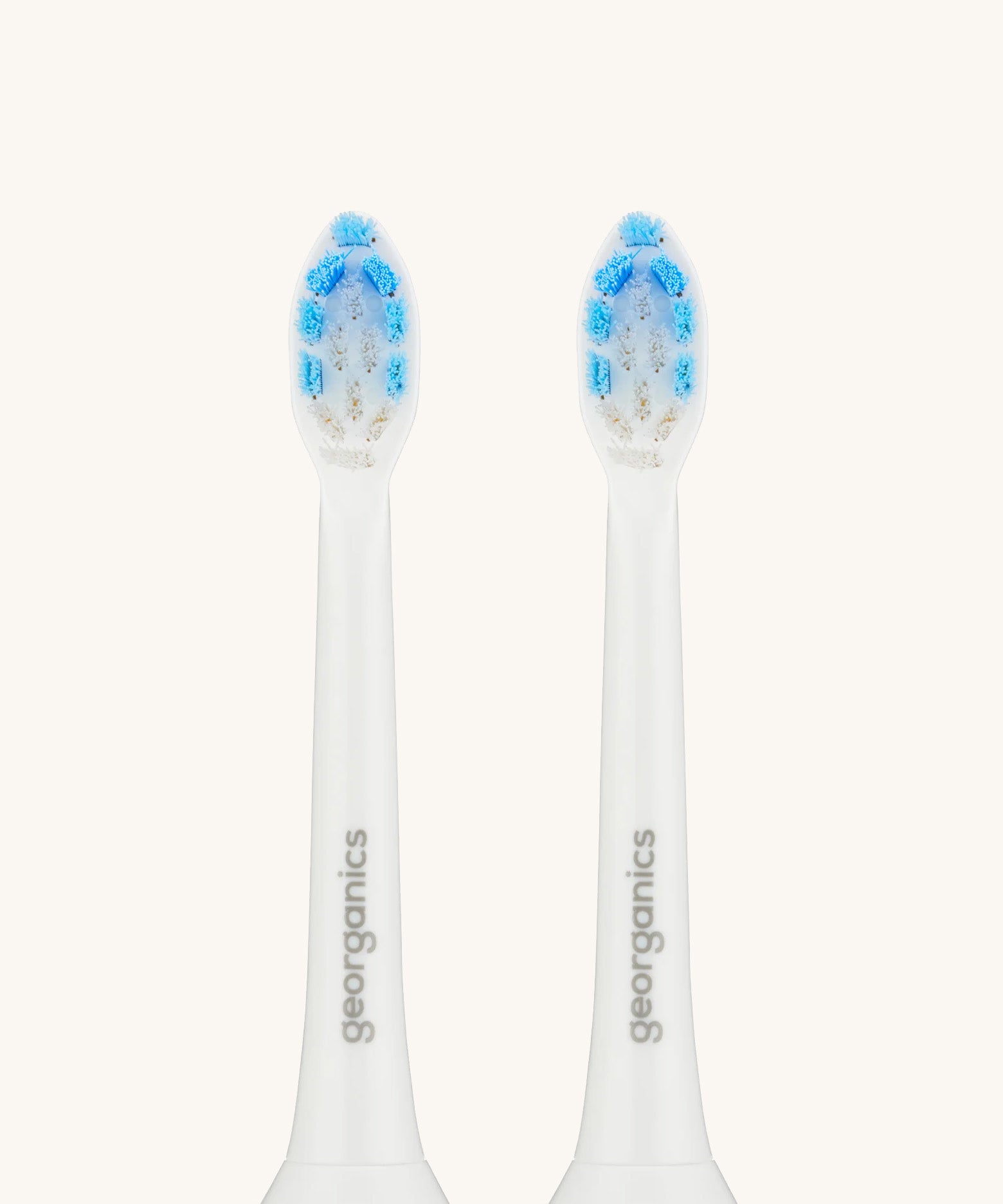 A pair of Georganics replacement 50000spm heads for the sonic toothbrush