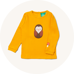 Little Green Radicals Applique Long Sleeve Top Brown Owl - Fairtrade, organic cotton - to represent Kids Halloween Clothing at Babipur.
