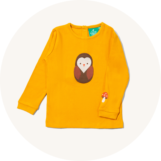 Little Green Radicals Applique Long Sleeve Top Brown Owl - Fairtrade, organic cotton - to represent Kids Halloween Clothing at Babipur.

