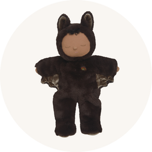 Olli Ella Cozy Dozy Black Bat Ozzy - a cute and cuddly sleeping doll - to represent Halloween toys and figures at Babipur.