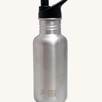 The Elephant Box, BPA free sports cap on an Elephant Box reusable stainless steel water bottle. The image is on a cream background