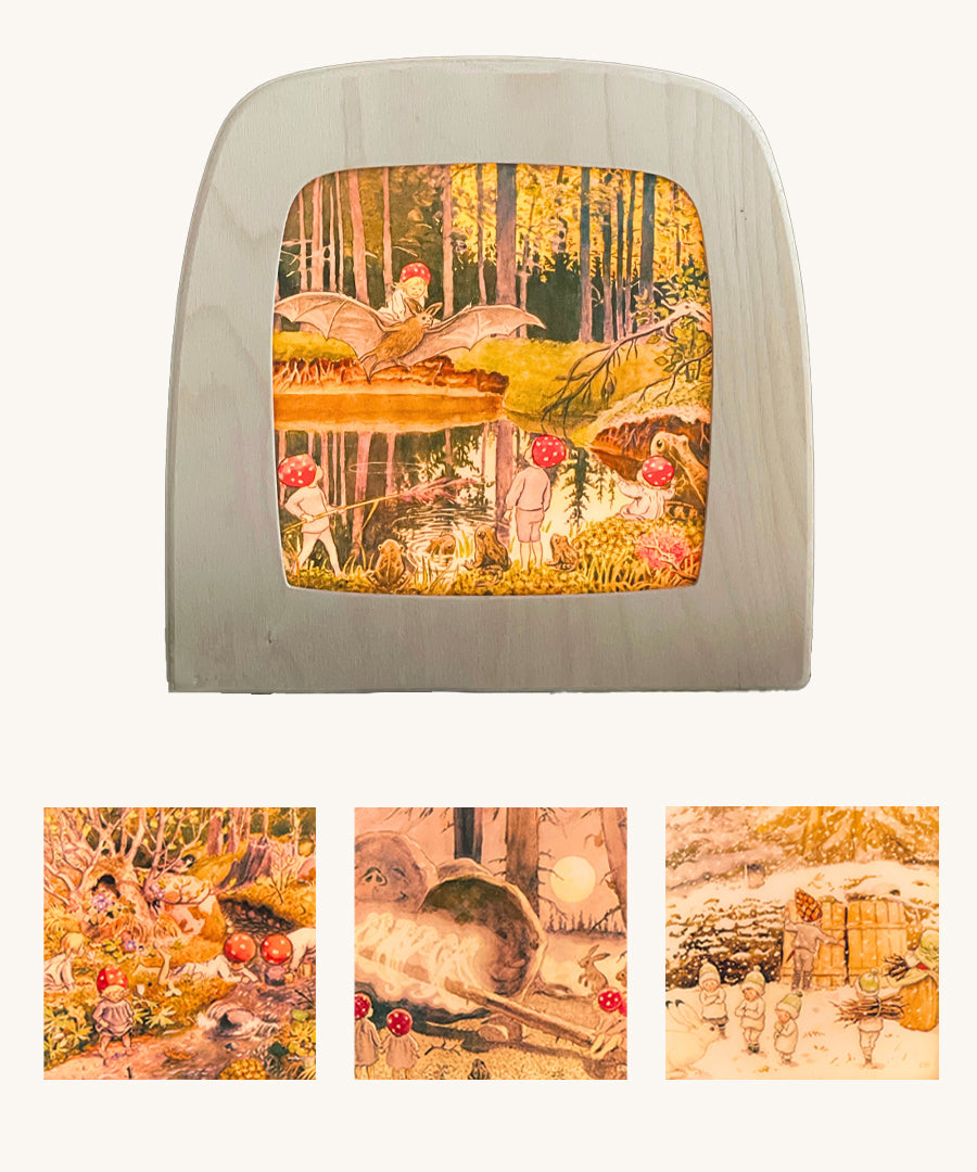 Toverlux StoryLux Silhouette Sets, Children Of The Forest by Elsa Beskow. The image shows 4 Magic Lamp silhouettes from the Children Of The Forest Set, on a cream background