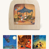 Toverlux StoryLux Silhouette Sets, Goodnight Sandman by Daniela Drescher. The image shows 4 Magic Lamp silhouettes from the Goodnight Sandman Set, on a cream background