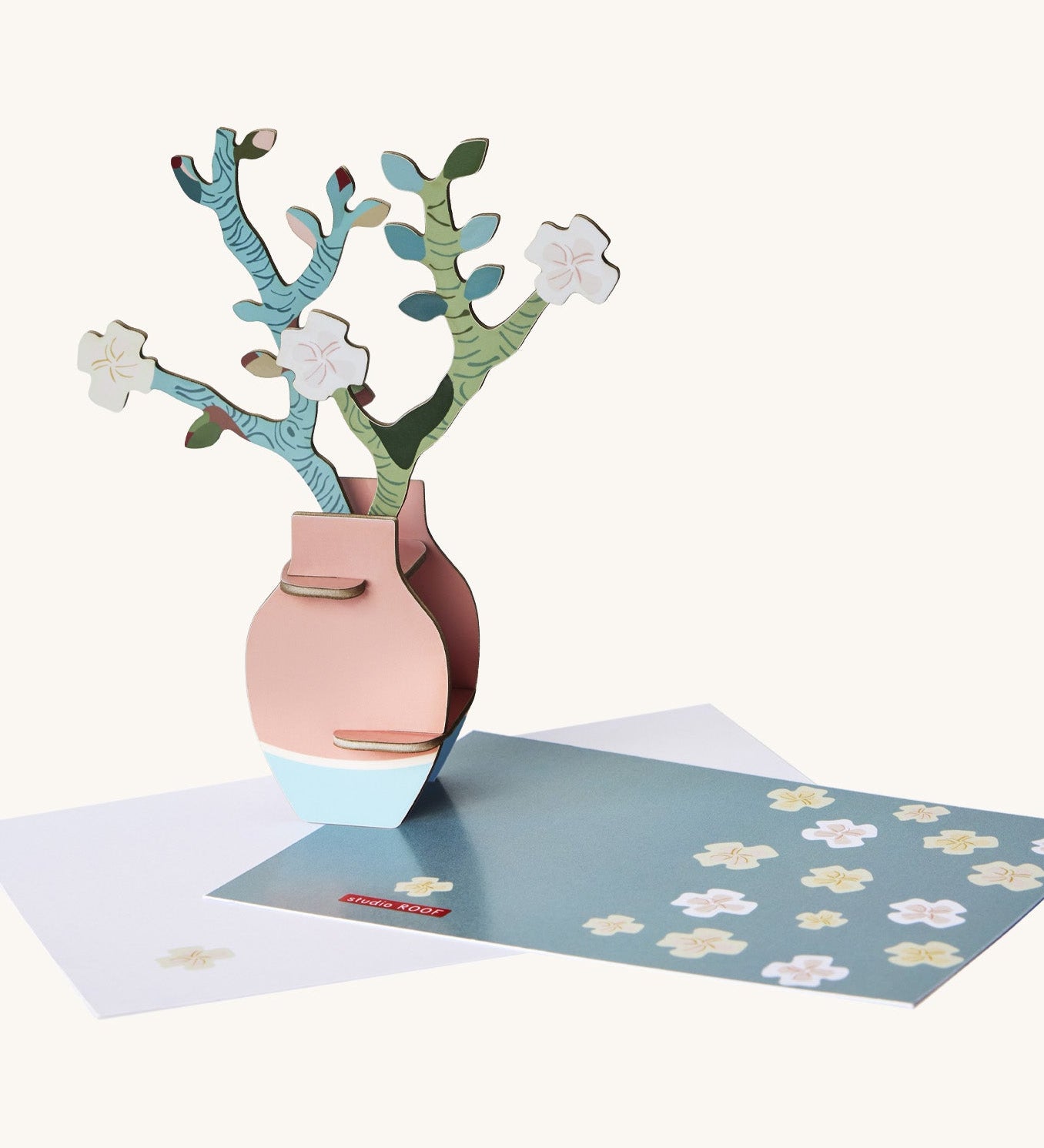 Studio Roof Van Gough inspired bouquet with almond blossoms standing next to a matching greetings card