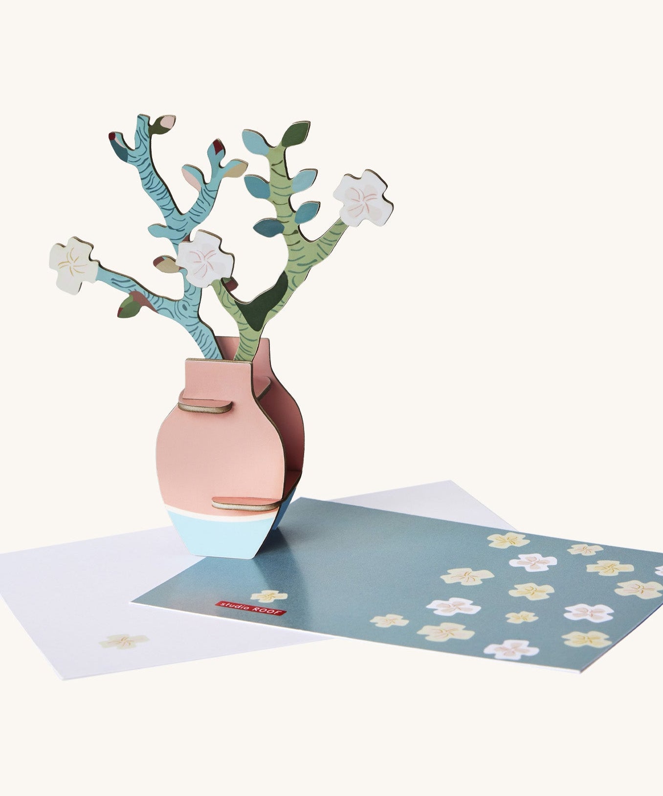 Studio Roof Van Gough inspired bouquet with almond blossoms standing next to a matching greetings card