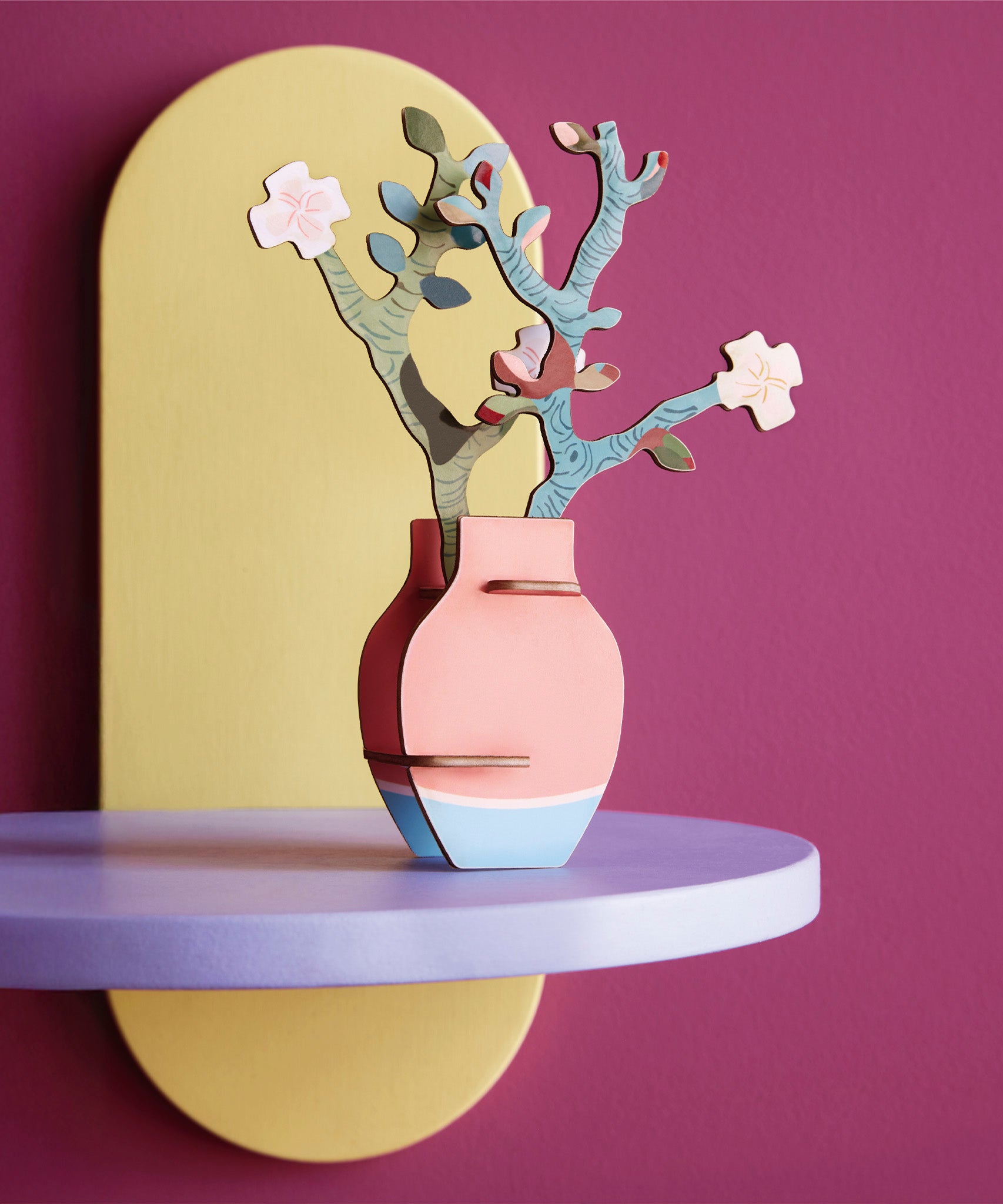 Studio roof Van Gough inspired bouquet with almond blossom 3D pop out card decoration available at Babipur displayed  on a light purple table against a dark purple wall
