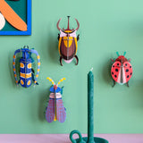 Wall display showing different Studio Roof 3D beetle cardboard wall art sets with a candle in front