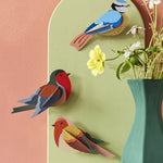 The Studio Roof Cardboard Robins and a cardboard Blue Tit on a pink and green background. The image also shows a green vase with flowers inside, to the right hand side of the image